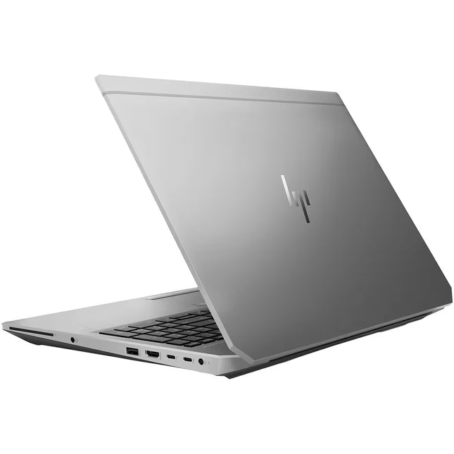 Silver HP laptop on a white background