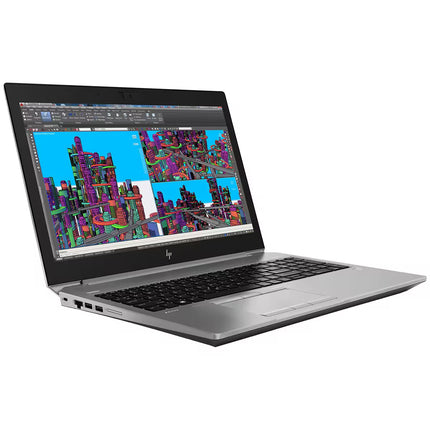 Laptop displaying a colorful cityscape on a white background