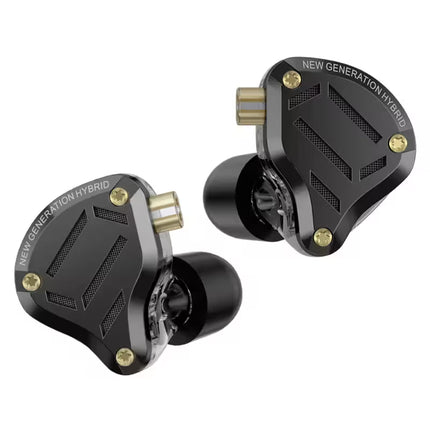 KZ ZS10 Pro 2 in-ear wired earphones with black hybrid metal housings, gold-colored connectors, and black silicone ear tips, shown on a white background.