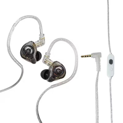 KZ Gale in-ear monitors with a transparent cable, a 3.5mm L-shaped plug, and an inline microphone controller.   