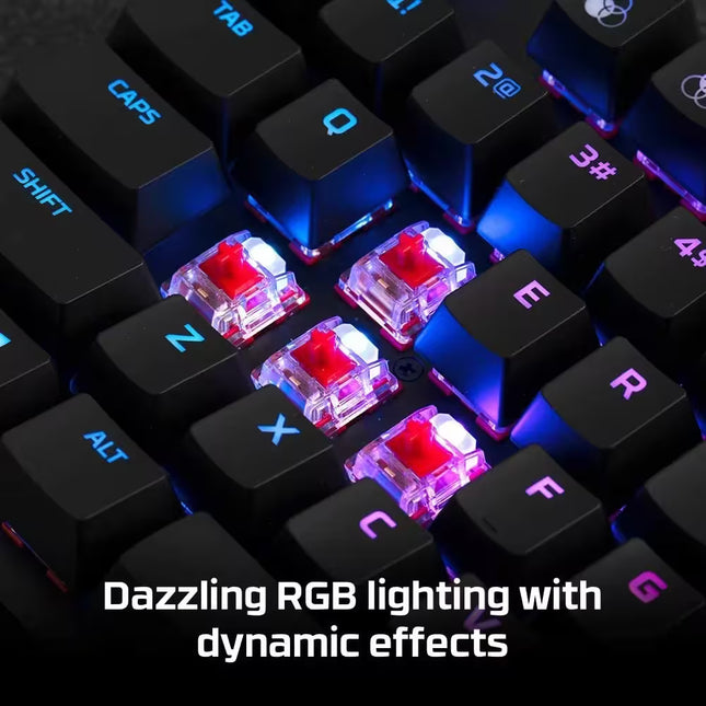 Close-up of a keyboard with RGB lighting effects on black keys