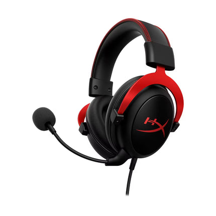 Black and red gaming headset with microphone on a white background