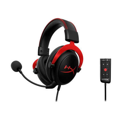 Black and red gaming headset with control panel on a white background