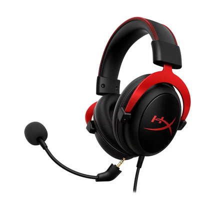 Black and red gaming headset with microphone on a white background