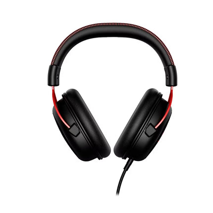 Black gaming headset with red accents on a white background