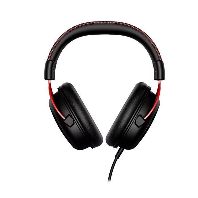 Black gaming headset with red accents on a white background