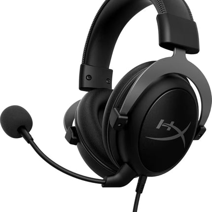 Black gaming headset with microphone on a white background