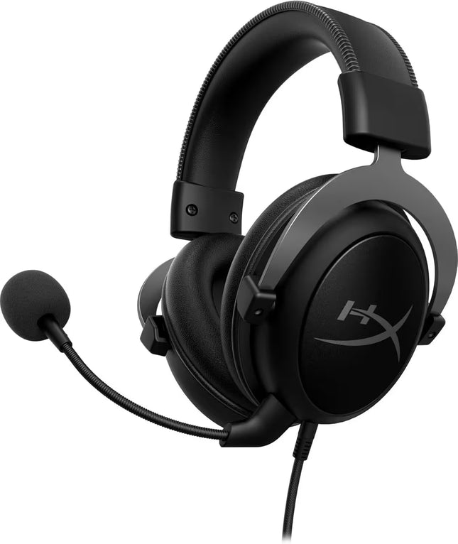 Black gaming headset with microphone on a white background