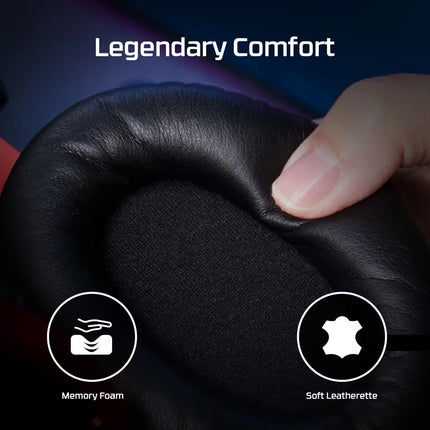 Black leather product with hand holding it, labeled 'Legendary Comfort' with icons for memory foam and soft leatherette.