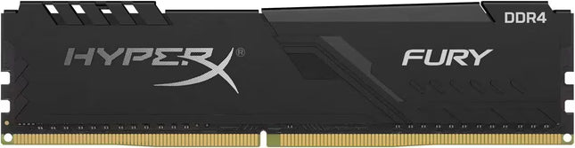 Side view of the HyperX Fury 8GB DDR4 3200MHz memory module, showcasing the black heat spreader with bold HyperX and Fury logos, geometric styling, and gold connector pins.