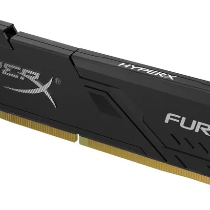Angled perspective of the HyperX Fury DDR4 desktop RAM, displaying its sleek black heat spreader, low-profile design, HyperX branding, DDR4 label, and gold-plated contacts on a white background.