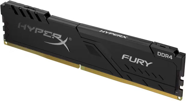 Angled perspective of the HyperX Fury DDR4 desktop RAM, displaying its sleek black heat spreader, low-profile design, HyperX branding, DDR4 label, and gold-plated contacts on a white background.