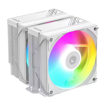 A white dual CPU heatsink cooler with RGB rainbow lighting on the front fan, shown on a solid white background.