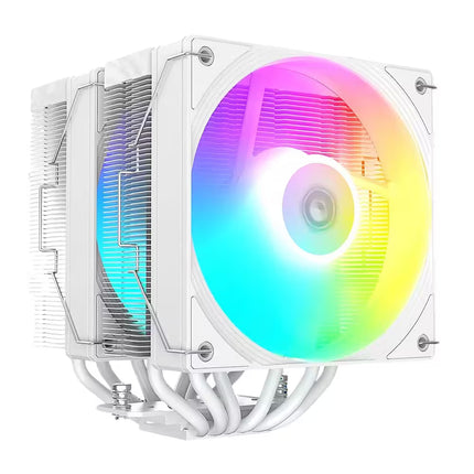 A white dual CPU cooler with a large RGB fan showing a full spectrum of colors, including pink, purple, blue, green, and yellow, on a solid white background.