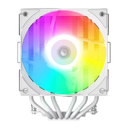 A square CPU cooler with a large RGB fan and six white heat pipes, shown on a solid white background.