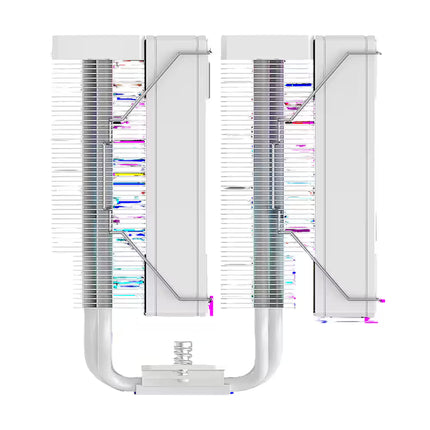 A white dual CPU tower computer cooler with a large heat sink, U-shaped bottom pipe, and small spring, shown on a plain white background.