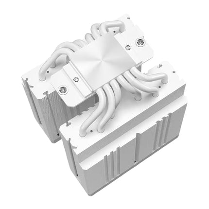 Bottom view of the white CPU cooler showcasing the premium copper baseplate and 6 white-coated heatpipes.