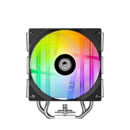 Front view of a tower CPU air cooler with a 120mm ARGB fan, black frame, aluminum heatsink, and four copper heat pipes on a white background.