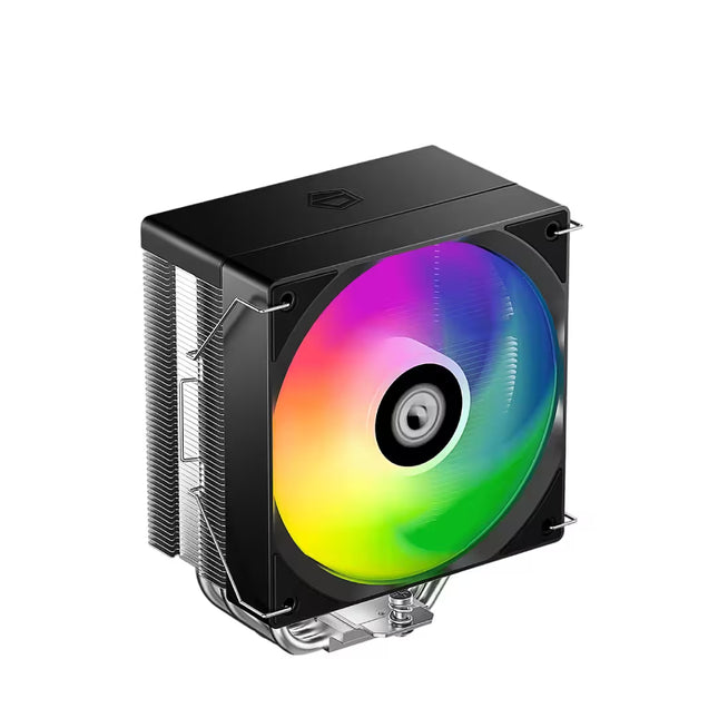 Front left angled view of a tower CPU air cooler featuring a rainbow ARGB fan, black aluminum heatsink, and four copper heat pipes.
