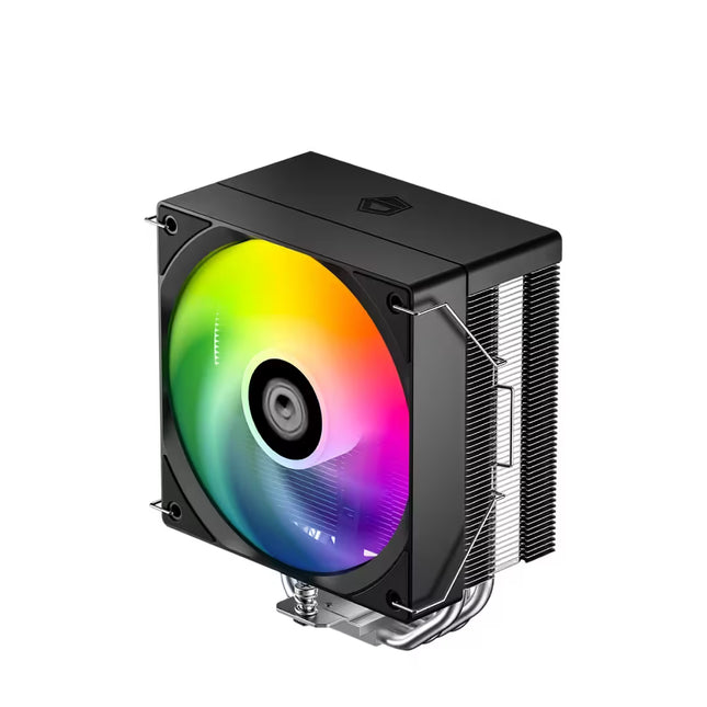 Angled front view of a tower CPU air cooler with a 120mm ARGB fan, black heatsink, and four direct-contact copper heat pipes.