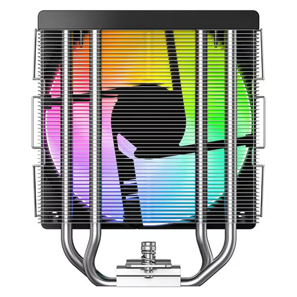 Rear view of a tower CPU air cooler featuring a 120mm ARGB fan with rainbow lighting, aluminum heatsink fins, and four copper heat pipes.