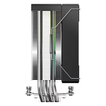 Side view of a tower CPU air cooler with a black heatsink, four direct-contact copper heat pipes, and a 120mm cooling fan on a white background.