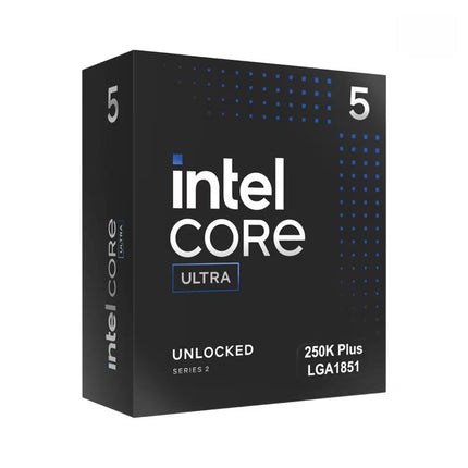 Intel Core Ultra 250K Plus LGA1851 processor retail box in black with white and blue text and dot patterns, shown on a plain white background.