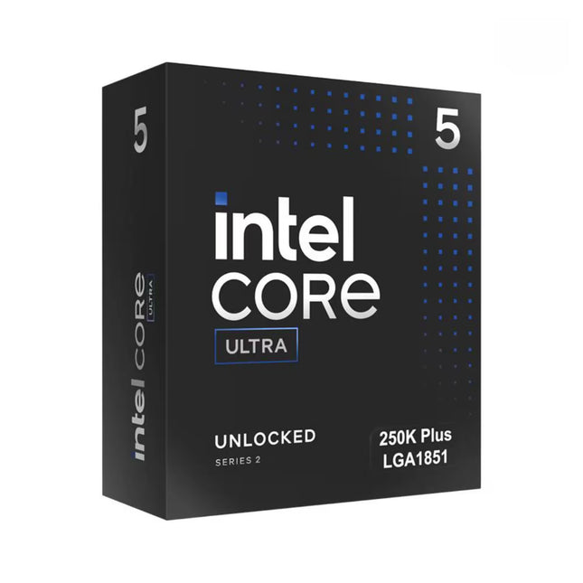 Intel Core Ultra 250K Plus LGA1851 processor retail box in black with white and blue text and dot patterns, shown on a plain white background.