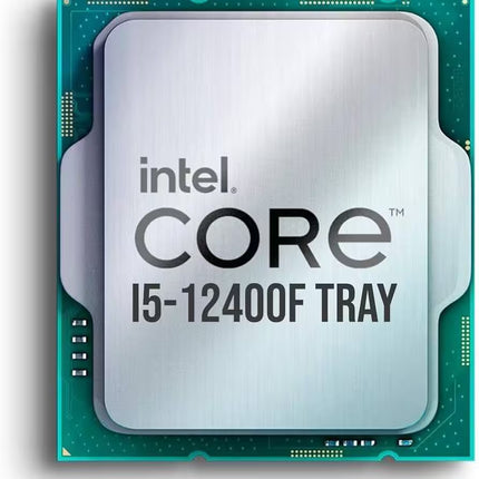 Close-up image of Intel Core i5-12400F Tray desktop CPU showing the processor package and Intel Core branding
