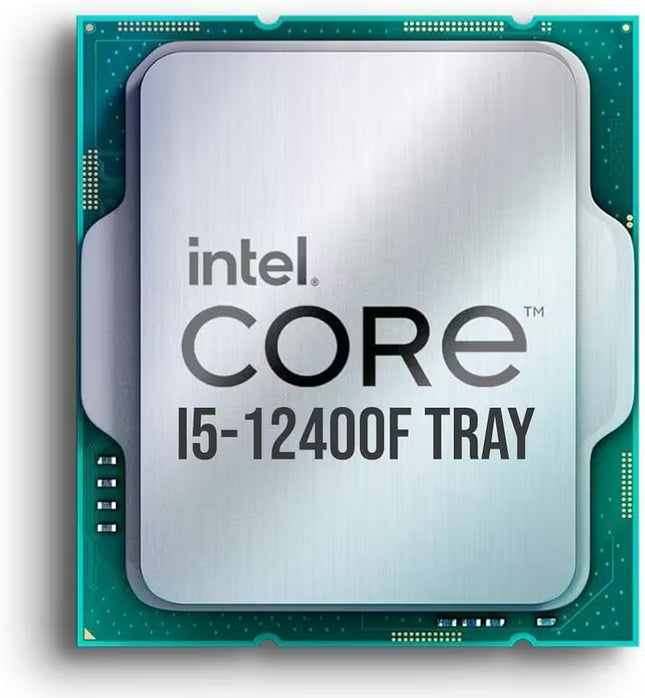 Close-up image of Intel Core i5-12400F Tray desktop CPU showing the processor package and Intel Core branding
