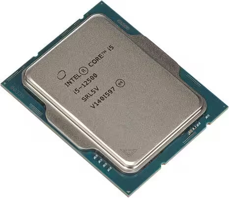 Intel Core i5-12500 processor chip with a silver metal heat spreader on a green circuit board substrate, shown on a white background.