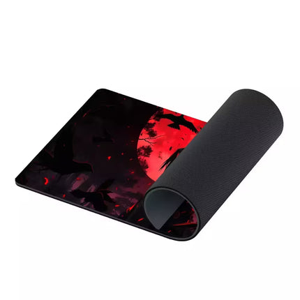 Gaming mouse pad with red and black design on a white background