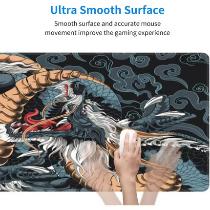 Gaming mouse pad with dragon design and text about smooth surface and accurate mouse movement.