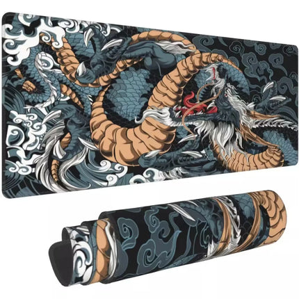 Dragon-themed mouse pad with intricate design on a dark background
