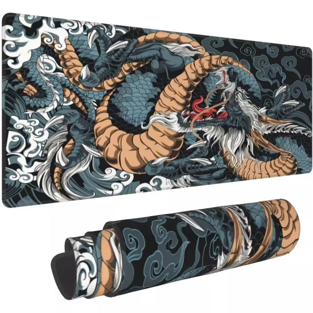 Dragon-themed mouse pad with intricate design on a dark background