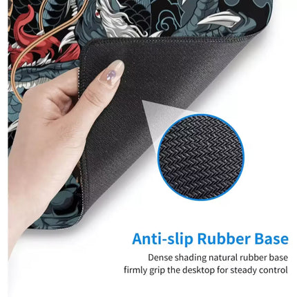Hand holding a mouse pad with an anti-slip rubber base and detailed texture close-up.
