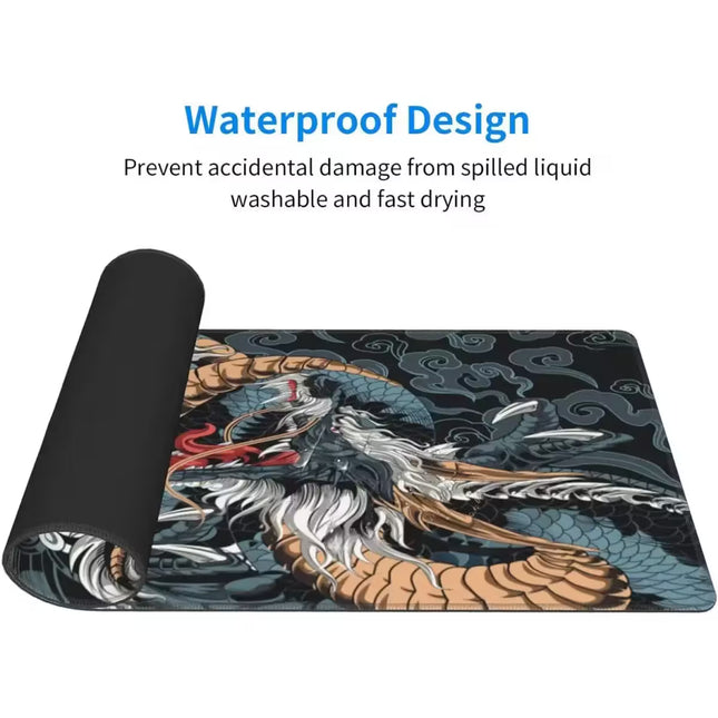 Roll-up mat with dragon design and text about waterproof design on a white background