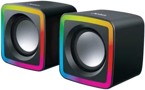 Pair of black speakers with colorful LED accents on a white background