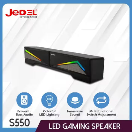 LED gaming speaker with colorful lighting effects on a white background, featuring the Jedel brand.