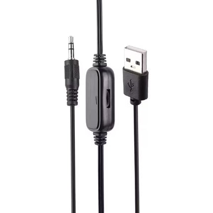 Black audio cable with 3.5mm jack and USB connector on a white background