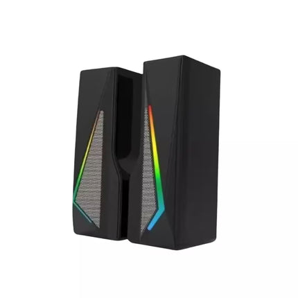Black computer speakers with colorful LED lights on a white background