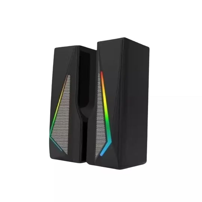 Black computer speakers with colorful LED lights on a white background
