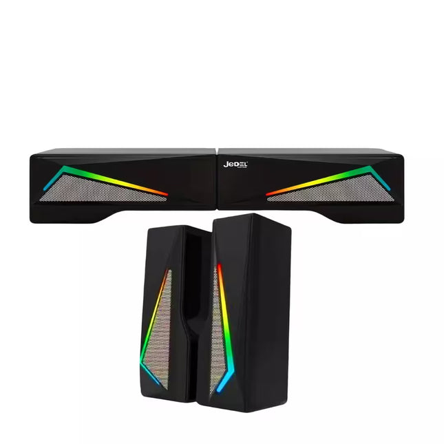 Gaming monitor and speakers with RGB lighting on a white background
