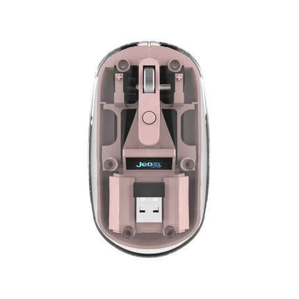 Pink computer mouse with USB receiver on a white background