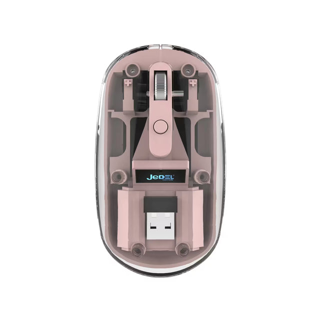 Pink computer mouse with USB receiver on a white background
