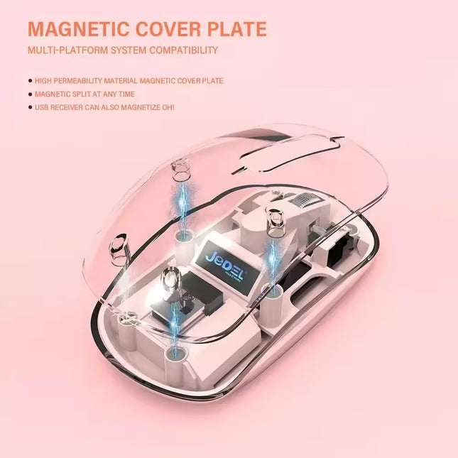 Magnetic cover plate for a computer mouse with Jodel branding on a pink background