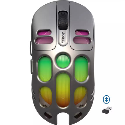 Gaming mouse with colorful design and Bluetooth symbol on a white background