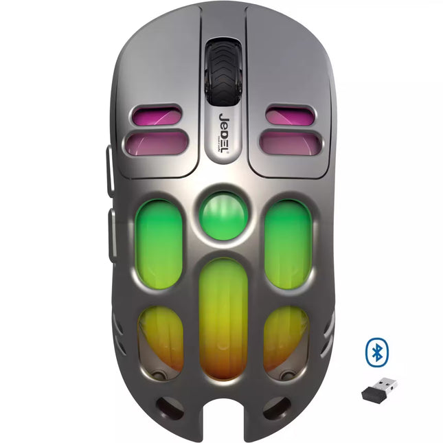 Gaming mouse with colorful design and Bluetooth symbol on a white background