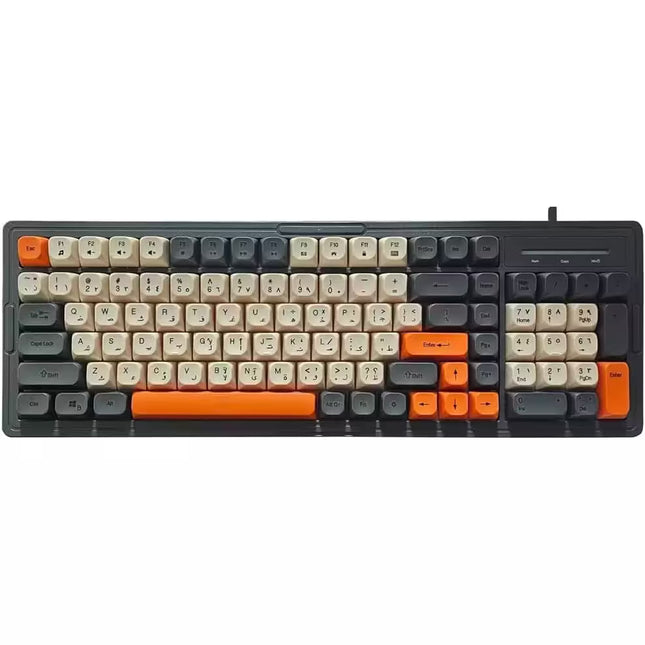 Mechanical keyboard with orange and gray keys on a white background