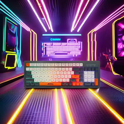 Keyboard in a futuristic, neon-lit corridor